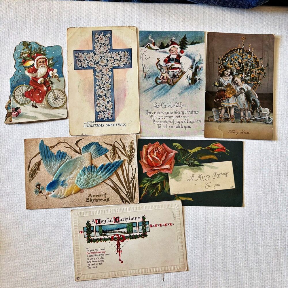 Vtg Postcards 1900s (7) Xmas Card Santa Velveteen Bird Junk Journal Decoupage